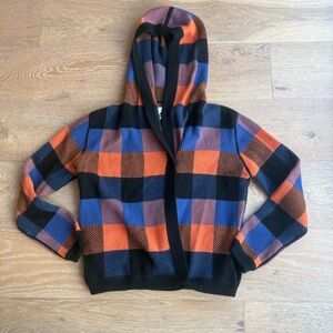 Aiko Orange Black Blue Plaid Hooded Cardigan Sweater